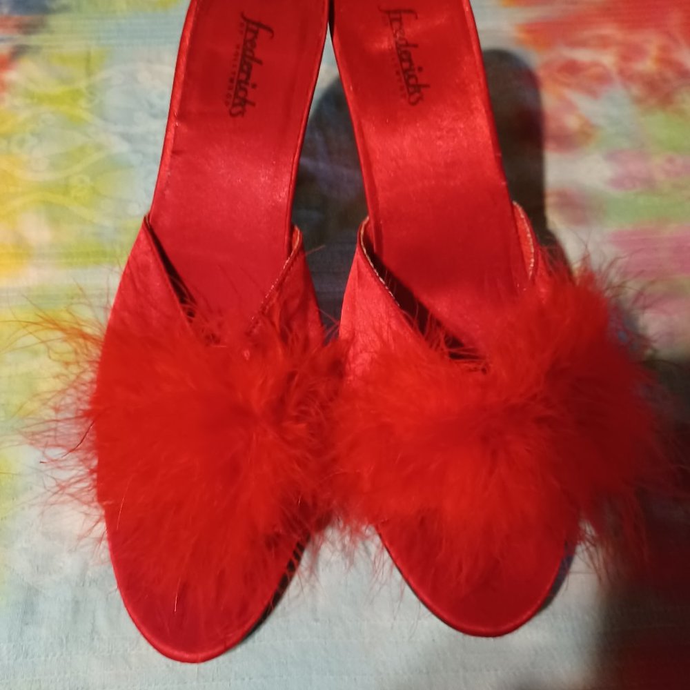 Red furry heels Frederick's of Hollywood
